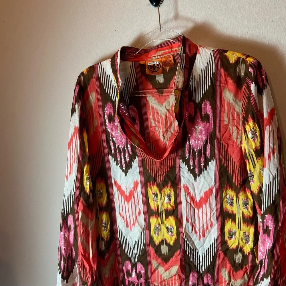 Tory Burch Boho Sequins Embellished Tunic ikat  top orange/ brown size 8